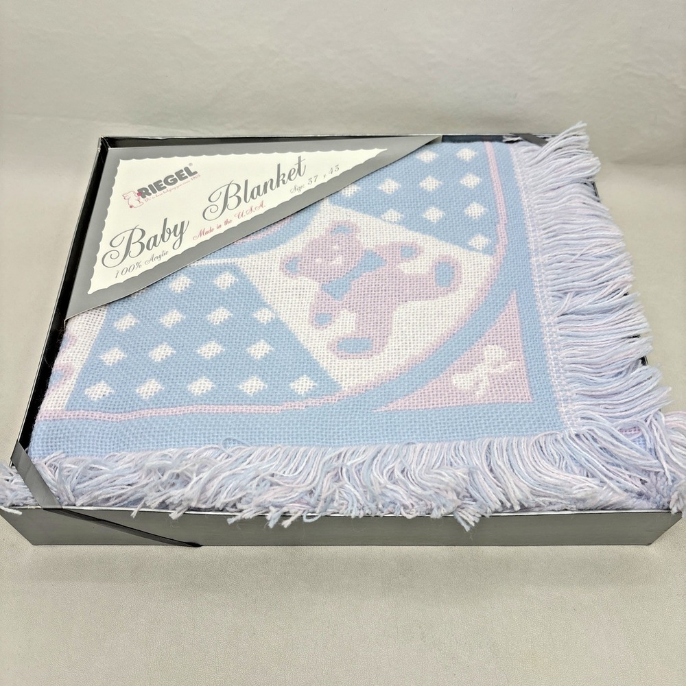 Vtg Riegel Teddy Bear Baby Blanket Pink Blue USA 37x43 Woven Fringe Throw Pastel
